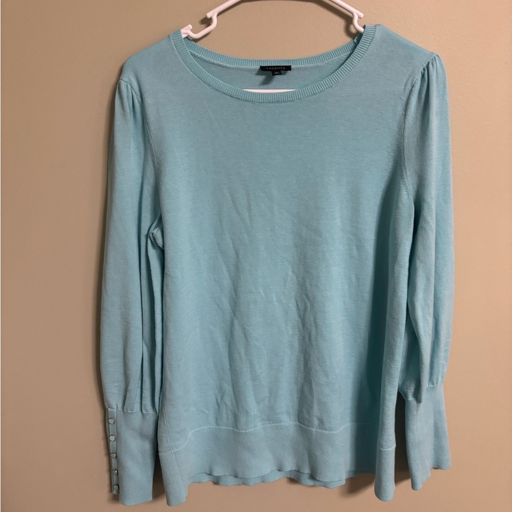 Talbots Size Medium Aqua Button Cuff Sweater Crew… - image 1